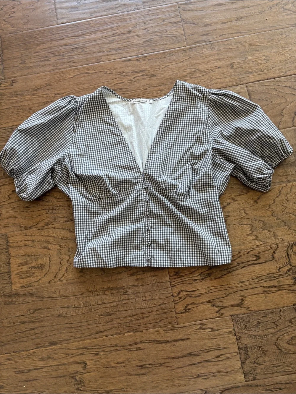 Gingham Puff-Sleeve Button-Front Women's Top